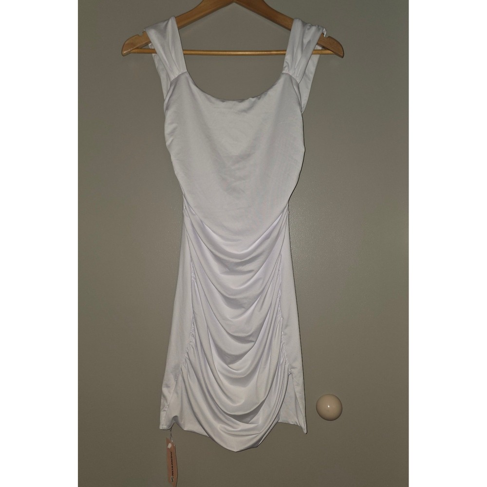 ShesEeWorld White Ruched Mini Dress Small NWT Tie Back Bodycon Scoop Neck